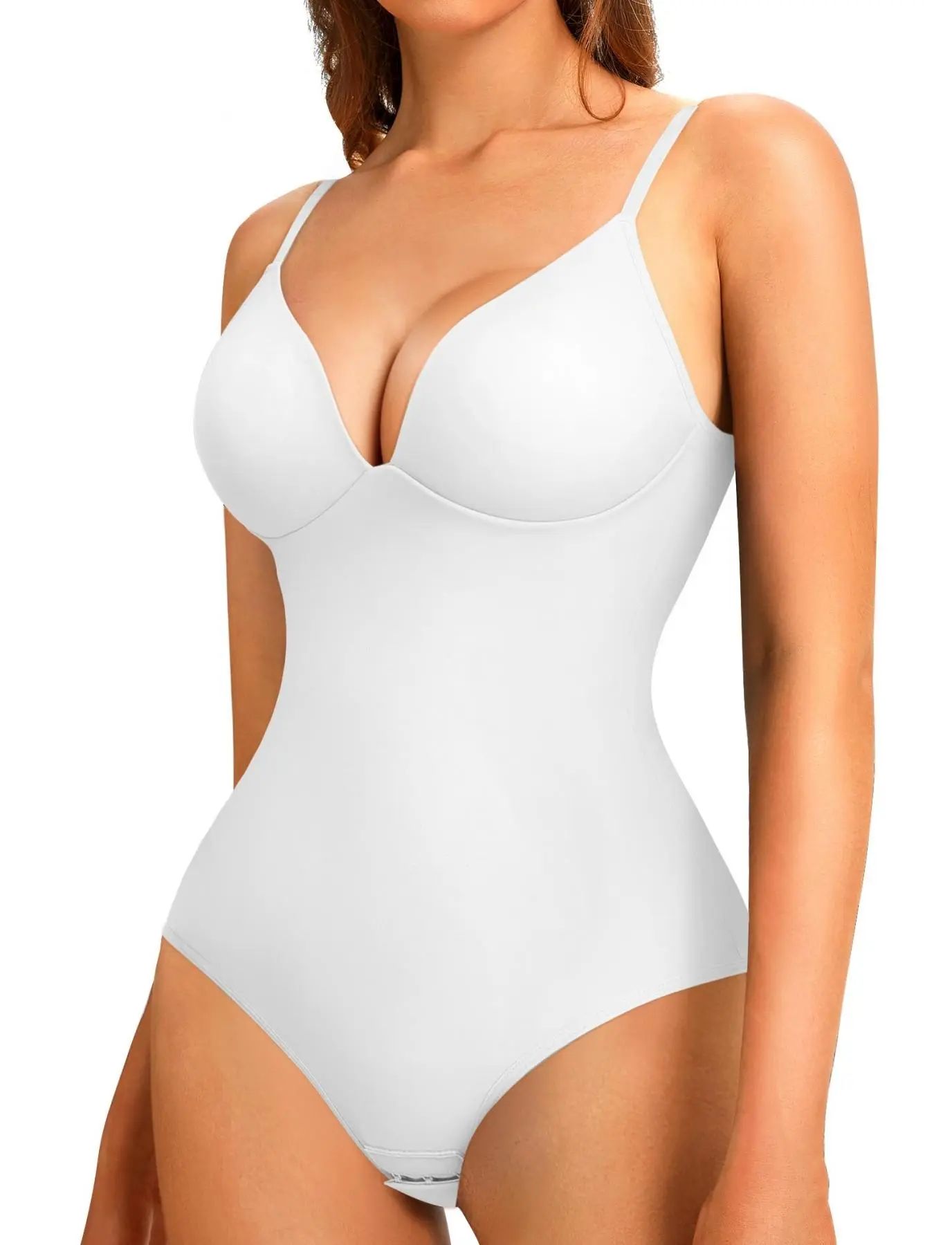 Women's Solid Cami Shapewear Bodysuit, Elegant Deep V Neck Tummy Control Seamless Shaper for Daily Wear, Bodysuit for Women
