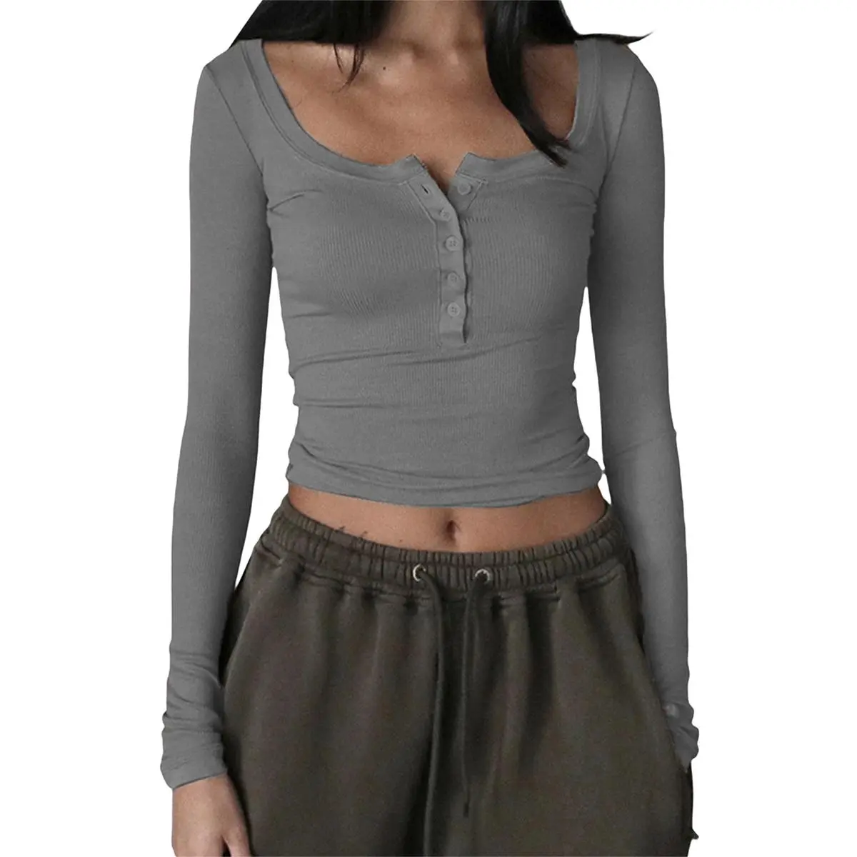 Women Knitted Henley Shirt Casual Solid Color Retro 1/2 Button Long Sleeve Crop Tops Streetwear Clubwear