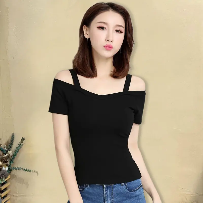 Áo Thun Nữ, Trễ Vai Và Dây Đeo, ngắn Tay, Màu Trơn Dáng Ôm, Áo Chui Đầu, Thích Hợp Cho Mùa Hè, Phong Cách Thời Trang Đường Phố 3