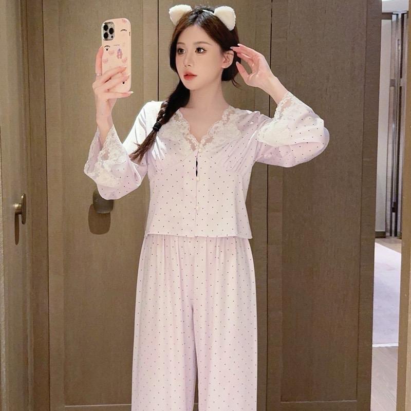 SP.666 Set bộ ngủ lụa 4 món áo hai dây kèm đệm, quần cộc, áo dài và quần dài hoạ tiết chấm bi hàng Quảng Châu cao cấp 6