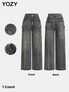 YOZY Women's Denim-effect Print Raw Hem Wide Leg Pants, Casual Comfy Zipper Button Trousers for Daily Wear, Ladies Bottoms for All Seasons