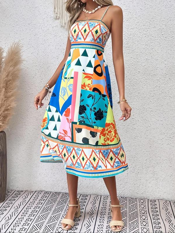 Women's All Over Print Shirred Dress without Bag, Elegant Sleeveless A Line Dress for Summer, Ladies Clothes for Beach Holiday Vacation 2