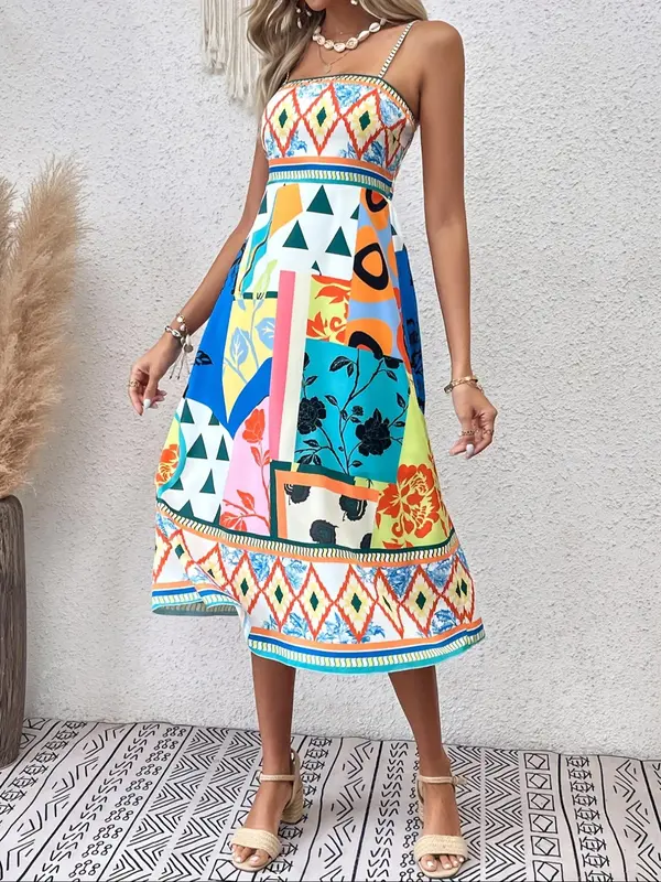 Women's All Over Print Shirred Dress without Bag, Elegant Sleeveless A Line Dress for Summer, Ladies Clothes for Beach Holiday Vacation 2