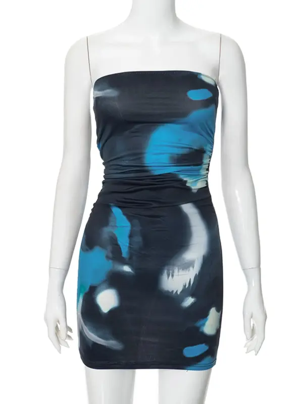 Women's Tie Dye Print Ruched Tube Dress, Fashionable Sundress, Sleeveless Strapless Bodycon Mini Dress for Daily Outdoor Club Wear, Ladies Dress for Spring, Chic Style Outfit, Womenswear 6