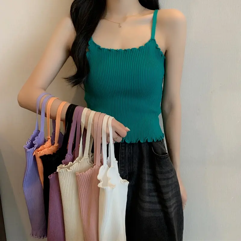 Small solid color wooden ear elastic short suspender bottoming shirt women's summer coat with solid color and knitted vest.