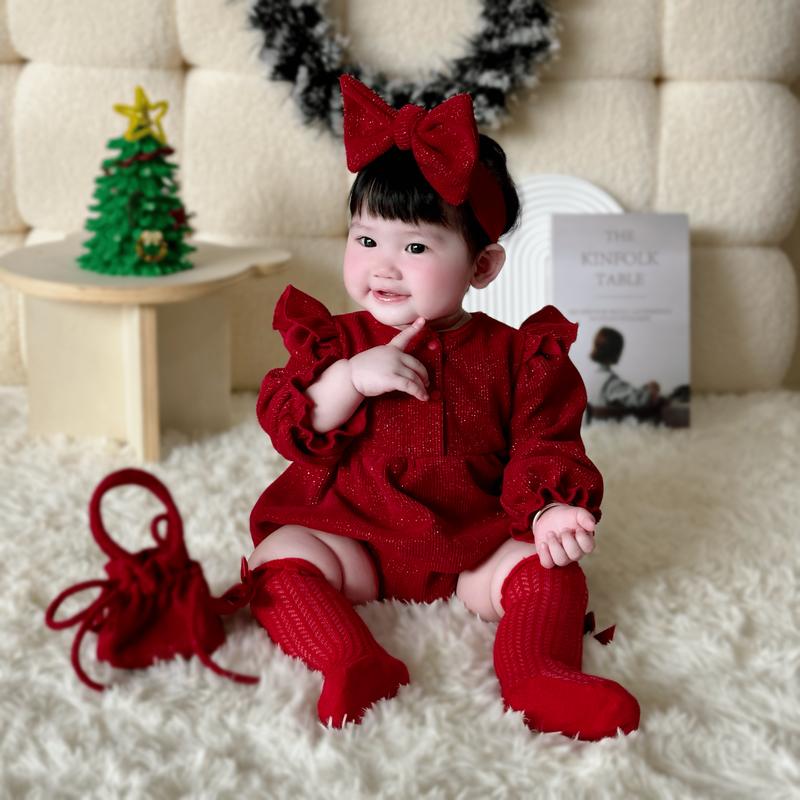   UNBEE  Set Body Đỏ Kèm Băng Đô Và Túi Tài Lộc Chất Liệu Nhung Mềm Cho Bé Gái Từ 0-12 Tháng 