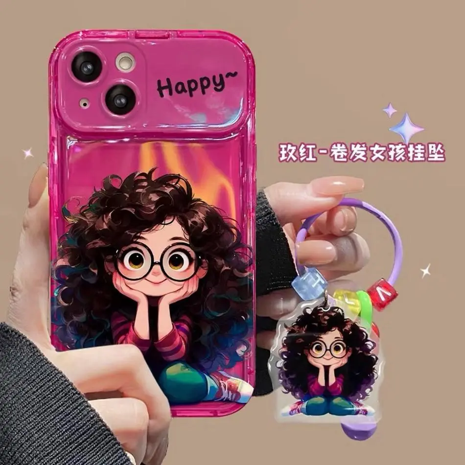 Funny Girl Pendant Mirror Phone Case for IPhone 11 13 12 15 14 Pro Max Plus 8Plus X XR 13Pro XS MAX 7Plus Case Soft TPU Chain Camera Protector Flip-over Mirror Strap Cover
