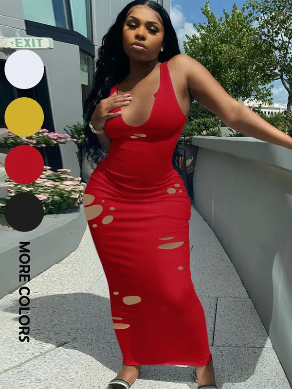 Women's Plain Ripped Notched Neck Bodycon Dress, Casual Sleeveless Long Dress for Summer, Ladies Clothes for Nightclub Party Daily Wear 0