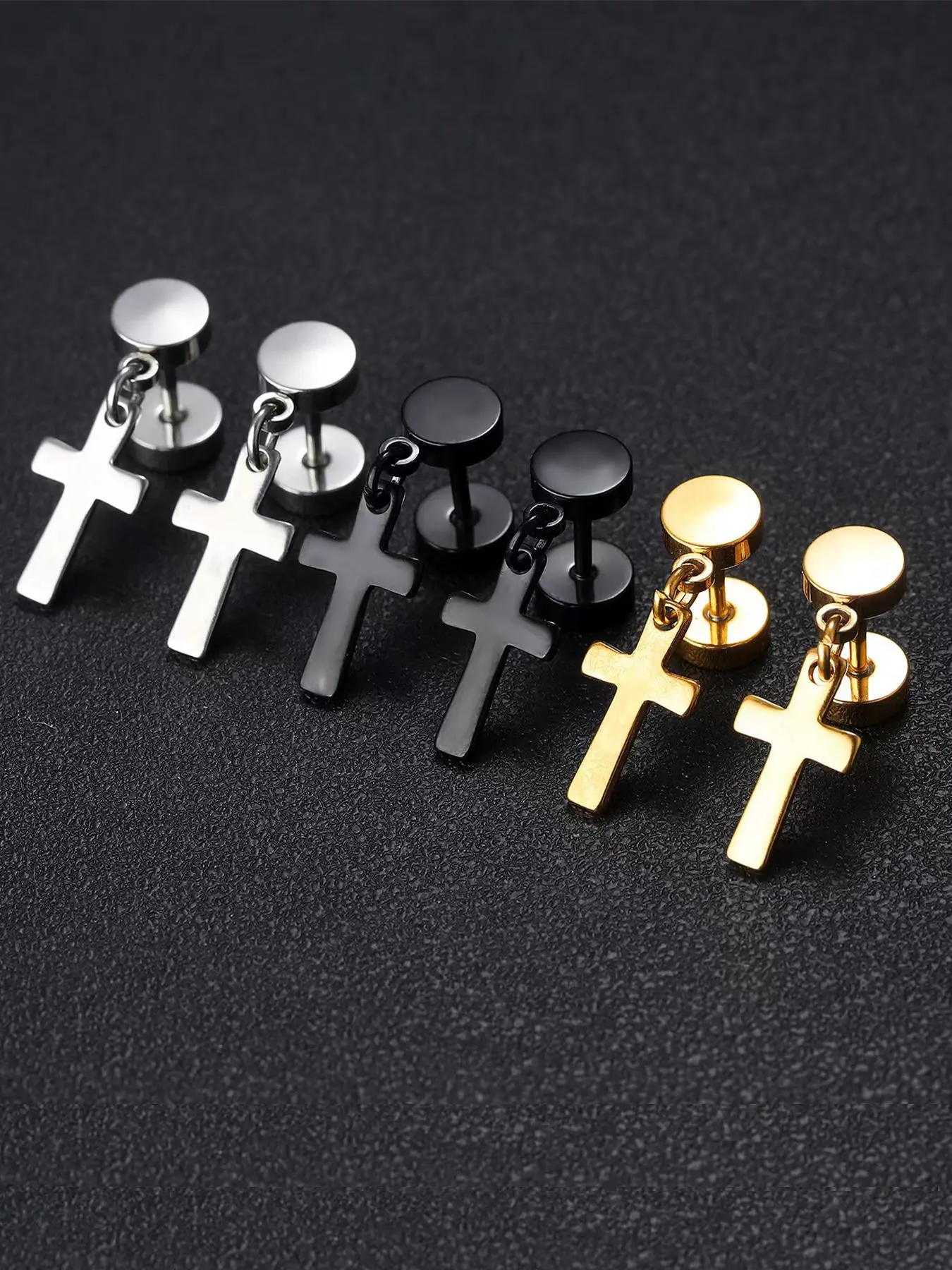 Street Trend Cross Design Dangle Earrings (3 Pairs), Vintage Style Stainless Steel Earrings for Women & Men, Fashion Jewelry for Party, Daily Clothing Decor