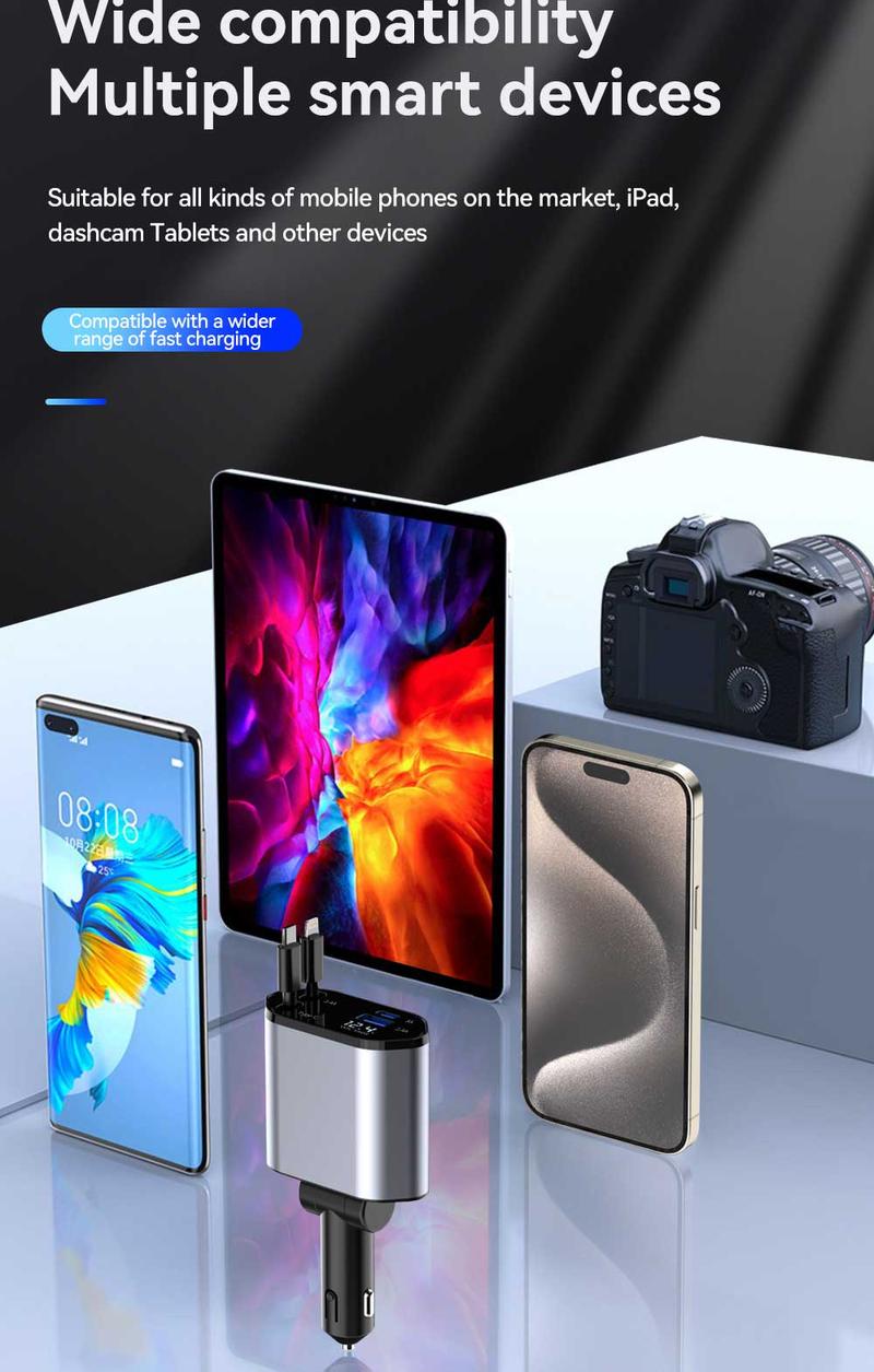 Product Introduction of new 120W multi-functional car charger for car charging elastic recovery for Apple jack and Typr-C with numerical display direction adjustable multi-port work simultaneously luggage  holder universal  travel tessan  travel Ultra-Fast Multi-Device Type C 20