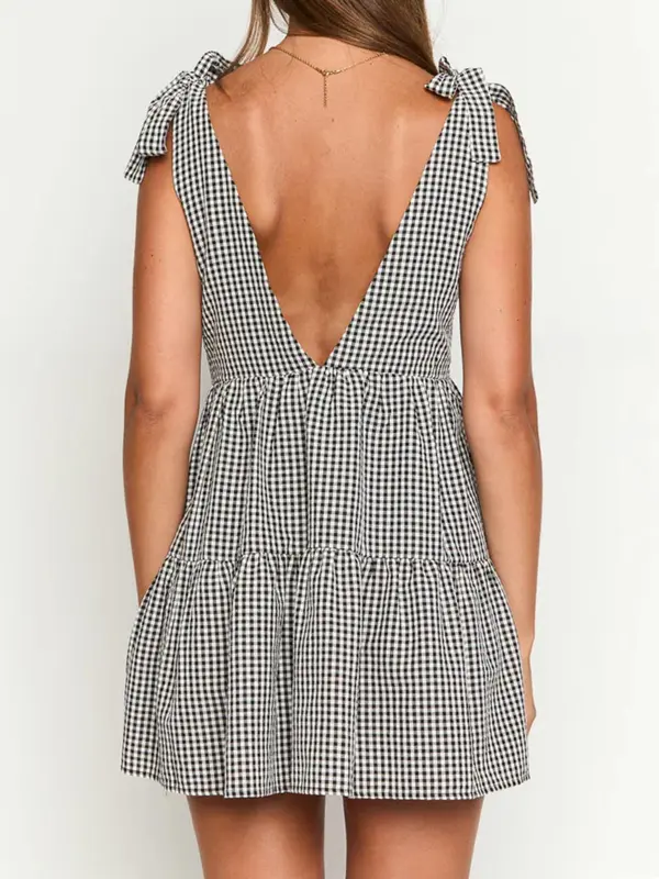 Women's Plaid Print Bow Decor Tie Shoulder Sleeveless Dress, Casual Fashion Gingham Dress for Daily Holiday Vacation Wear, Ladies Dress for Summer, Going Out Dresses, Womenswear, Casual Classy Dress, 1