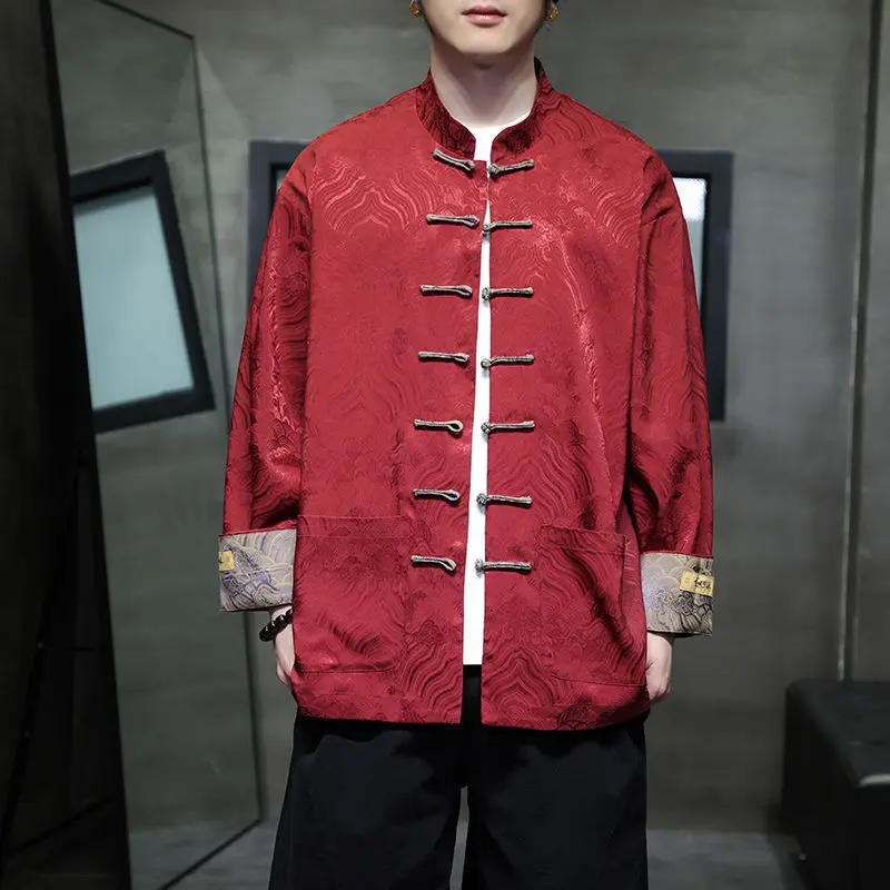 Quần Áo Nam, Phong Cách Trung Quốc Mới, Áo Khoác Sơ Mi Tangzhuang Màu Đỏ, Áo Sơ Mi Dài Tay Mùa Xuân, Áo Hanfu Năm Sinh, Dành Cho Nam Menswear Shirt Có Cổ 4
