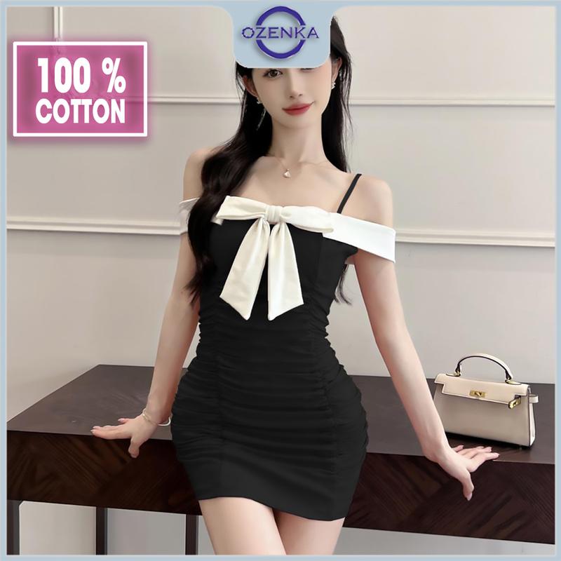Váy ngắn nữ ôm body trễ vai 2 dây sexy ozenka đầm 2 dây dự tiệc nhún eo sexy cải nơ cotton mềm mịn mát Women Dress Tre Voi