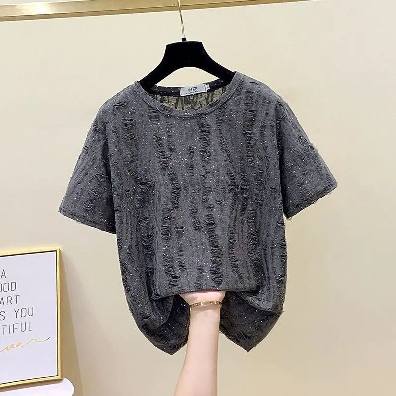 Áo Thun Nữ Mùa Hè, Ngoại Cỡ, Dáng Rộng Và Bó Sát, Thiết Kế Rách Kim Sa, ngắn Tay, Viền Mịn, Áo Tay Lửng Thường Ngày, Hàng Mới Về