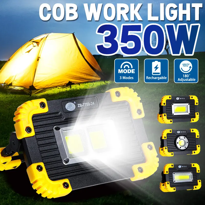 Đèn LED COB 350W Để Cắm Trại, Đèn Làm Việc, 3 Chế Độ, Không Thấm Nước, Đèn Pha Khẩn Cấp, Đèn Pha Cắm Trại Ngoài Trời, Di Động, Có Thể Sạc Lại Bằng USB / Loại Pin