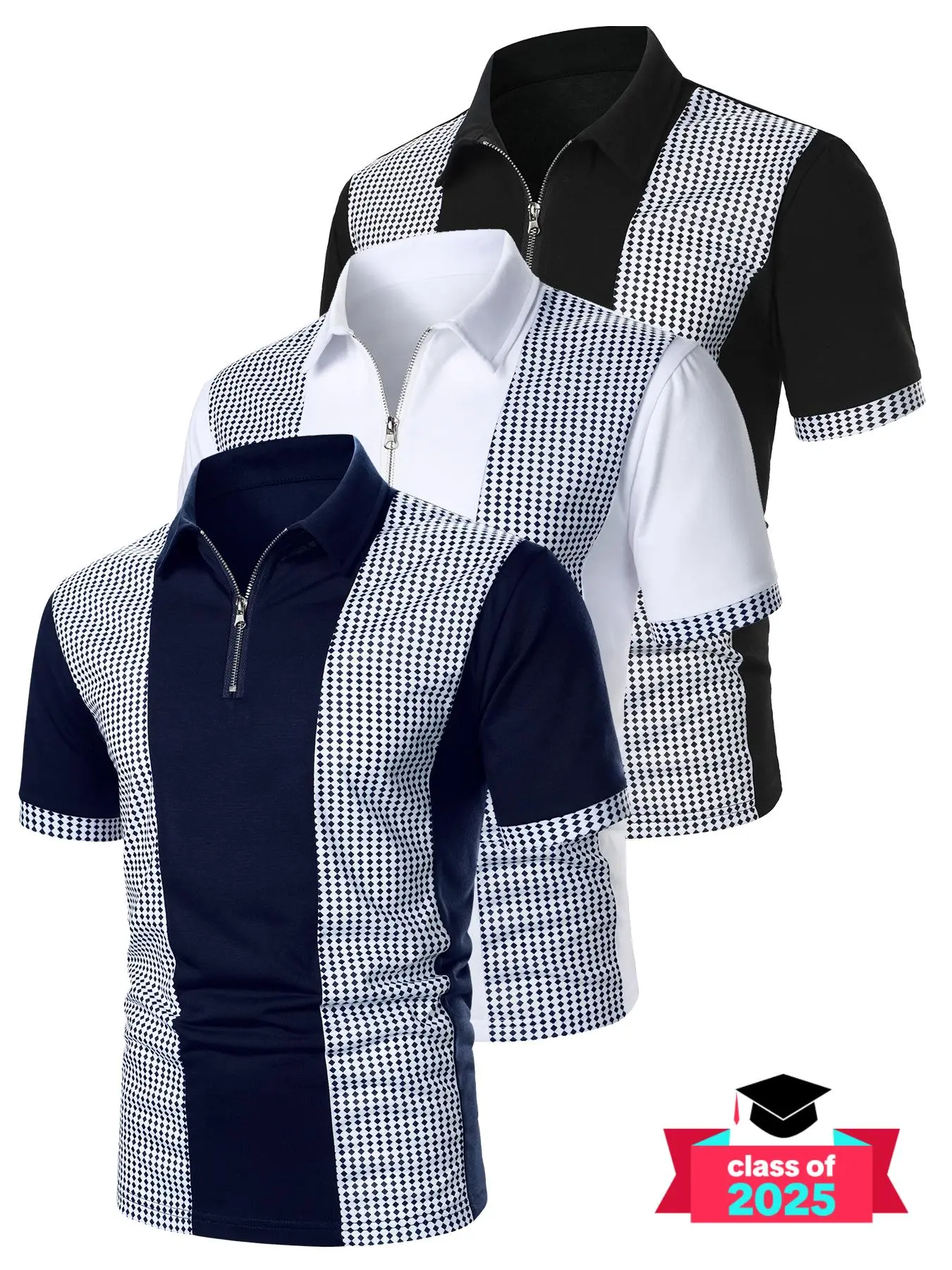 Men's Geometric Print Half Zip Polo Shirt, Regular Fit Casual Short Sleeve Collared Top for Summer, Fashion Men's Clothes for Daily Wear
