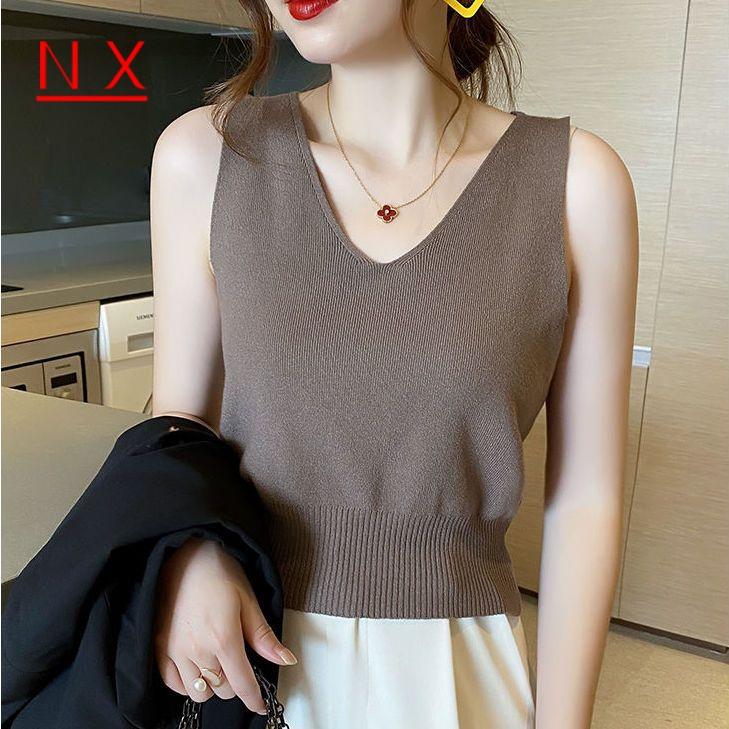 Áo Thun Không Tay Mỏng Cho Nữ, Áo Mùa Hè, Lụa Băng, Cổ Chữ V, Phong Cách Hàn Quốc áo hai dây nữ Top 2