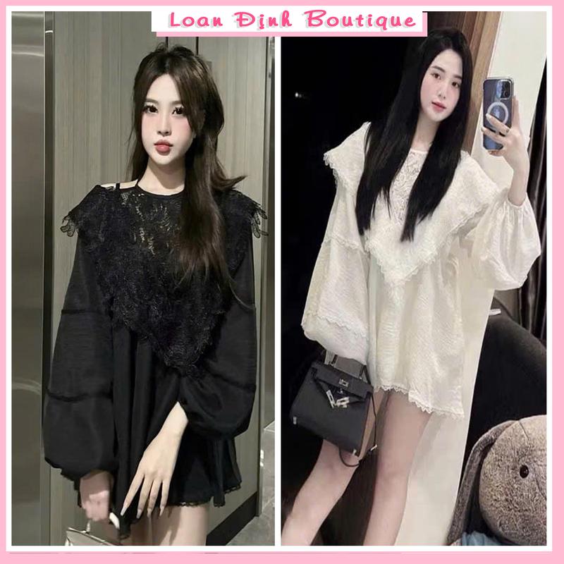 Váy Đũi Vân Mây Cổ Ren Chữ V Dáng Babydoll Suông Đầm Xòe Nữ Đen Trắng Dress Nữ Top Women Loan Định Boutique LD057 Voan Viền Ren Voi