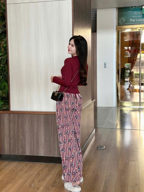 {Kim Chi}  Sét Tay Dài , 2 món Quần ống rộng rãi Vãi Lụa , áo thun Tăm lạnh co giản 4 chiều (38kg - 66kg) 5