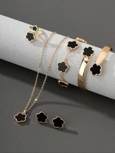 Conjunto de Joyería con Diseño de Flores, Collar, Pulsera, Brazalete, Anillo y Aretes de Botón para Fiesta, Decoración Diaria, Joyería Combinable y Exquisita para Regalo de Cumpleaños