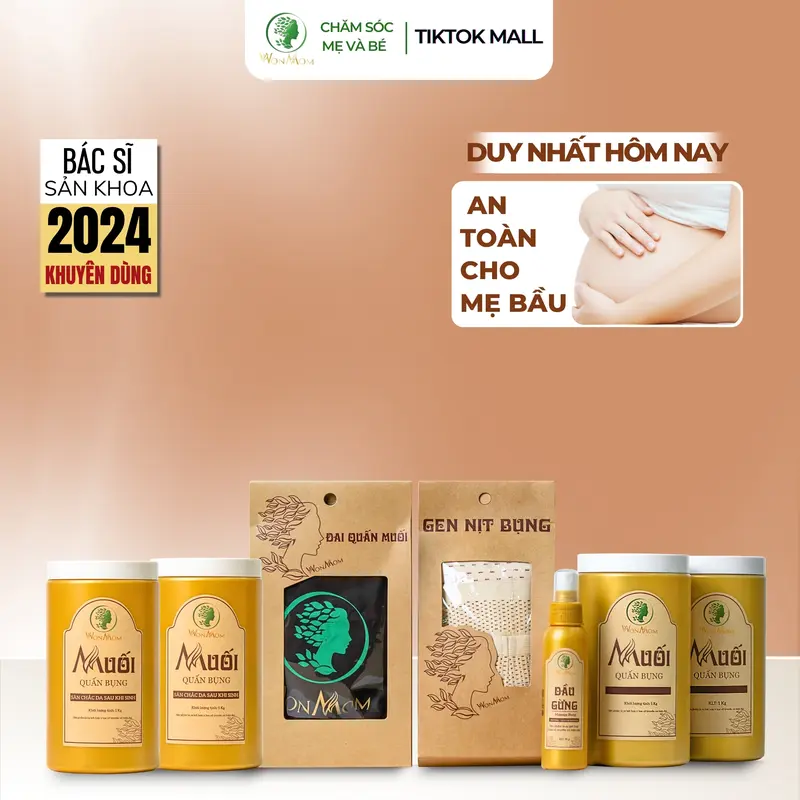 Combo Muối Quấn Bụng Sau Sinh Cỡ Lớn Wonmom ( 4 hủ muối quấn bụng + 1 gen nịt bụng + 1 đai quấn muối + 1 dầu gừng massage) 1