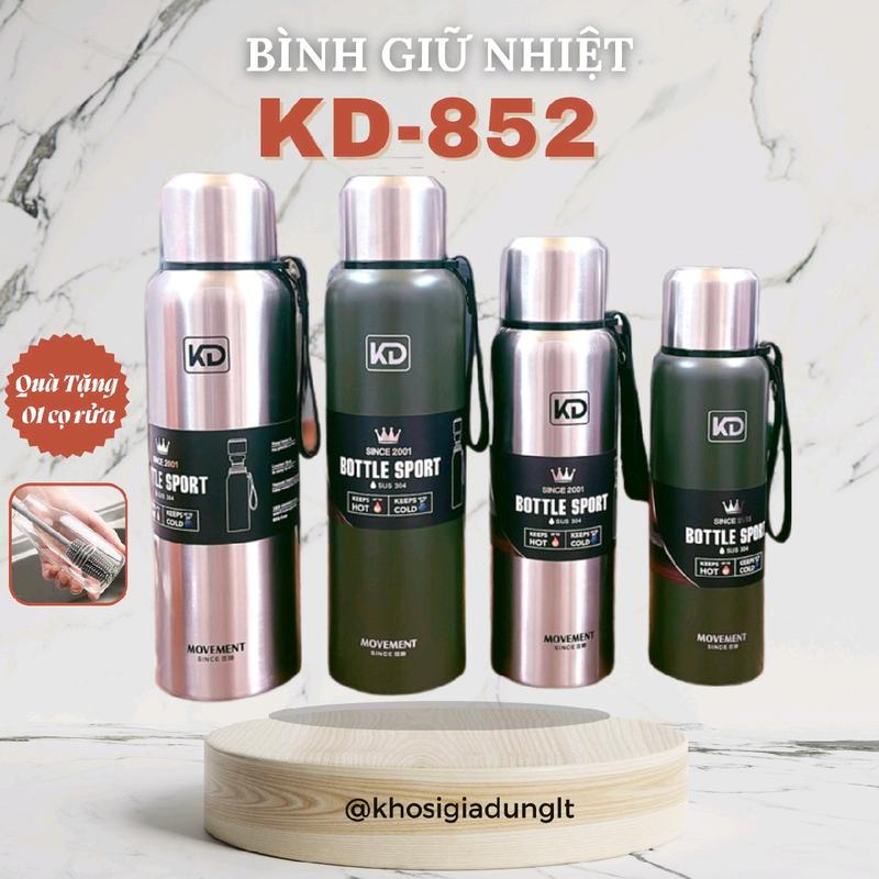 (Tặng túi vải) Bình giữ nhiệt cao cấp 520ml, 750ml, 1000ml-1500ml inox 304 KD-852 có nắp làm cốc (tặng kèm cọ rửa bình nước)