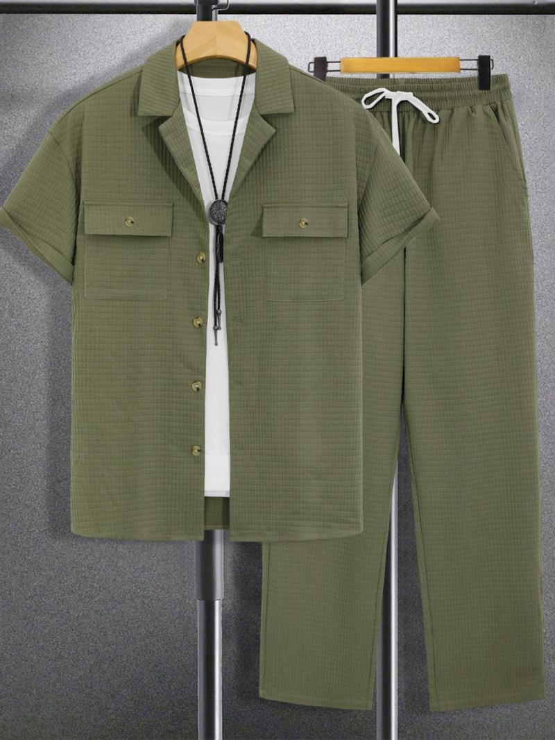 Product Introduction of Two-Piece Set Men's Plain Pocket Button Front Shirt & Drawstring Waist Pants Set, Regular Fit Casual Short Sleeve Lapel Neckline Top & Elastic Waist Trousers, Men Outfits for Summer 7
