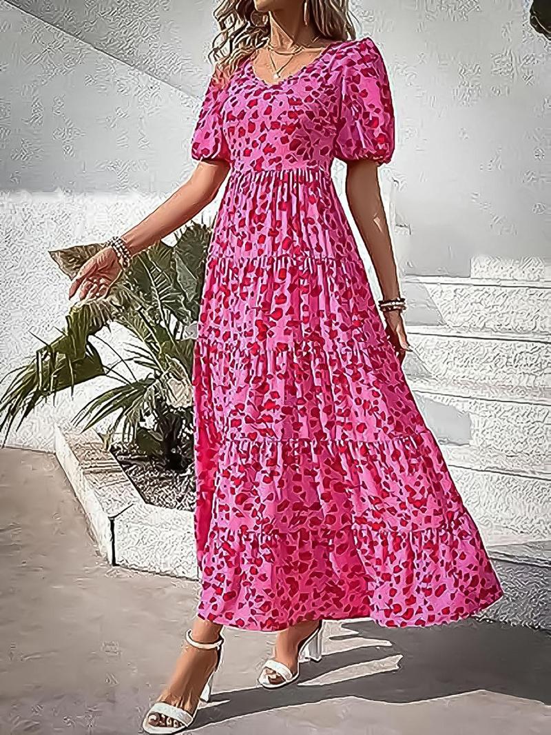 Product Introduction of Women's Ditsy Floral Print Puff Sleeve Shirred Tie Back A Line Dress, Boho Fashion Backless Ruffle Hem Long Dress for Daily Holiday Vacation Wear, Ladies Dress for Spring Fall 3