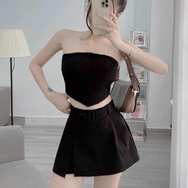 Chân váy kaki xẻ kèm nịt 0
