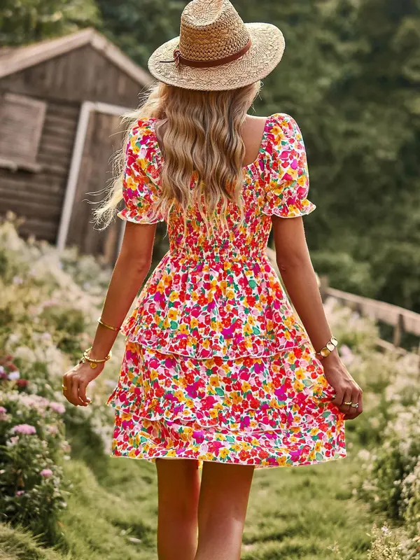 Women's Ditsy Floral Print Off Shoulder Shirred A Line Dress, Summer Clothes Women, Puff Sleeve Tiered Layer Ruffle Short Dress for Beach 1