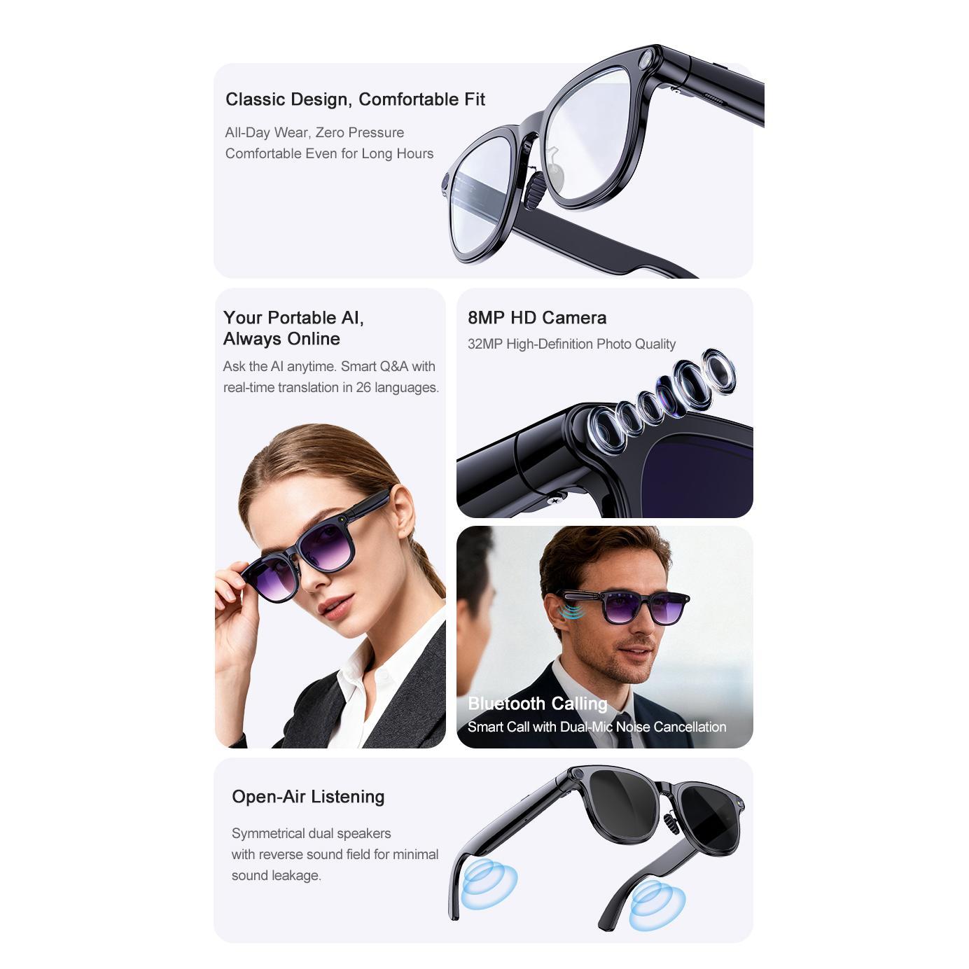 AI Smart Glasses Chat GPT 800MP HD Camera Bluetooth Call Voice Assistant Smart Glasses Real-time Translation Open-Ear Sunglasses