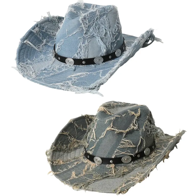 Retro Blue Western Cowboy Hat Women, Wide Brim Straw Rider Hat, Casual Outdoor BBQ Camping Photo Party Fashion 3