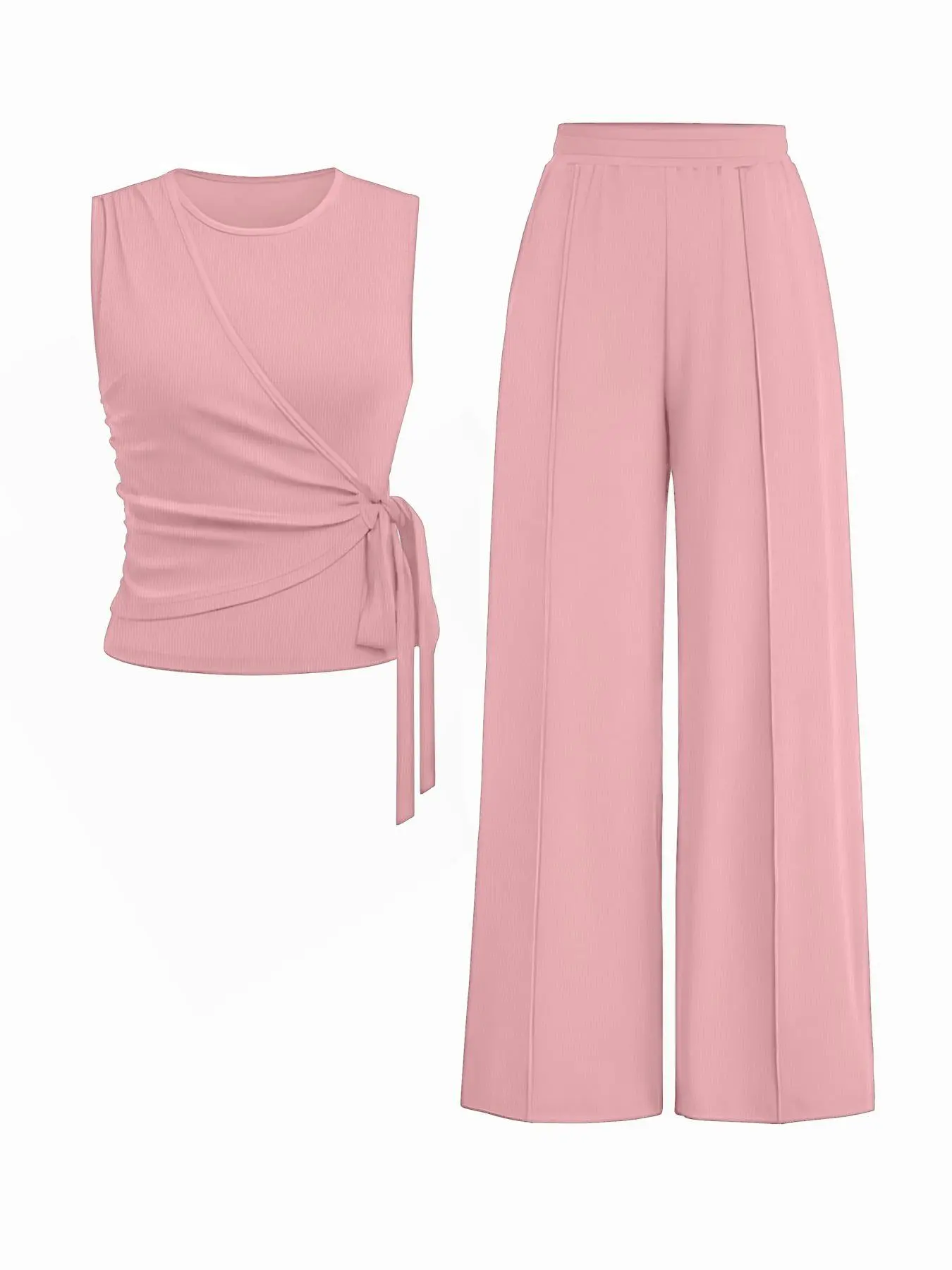 【Plus Size】 Two-Piece Set Solid Knot Side Pocket Co-ord Set, Casual Sleeveless Round Neck Wrap Tank Top & Wide Leg Pants, Women's Outfits for All Seasons, Year-round Clothes Set