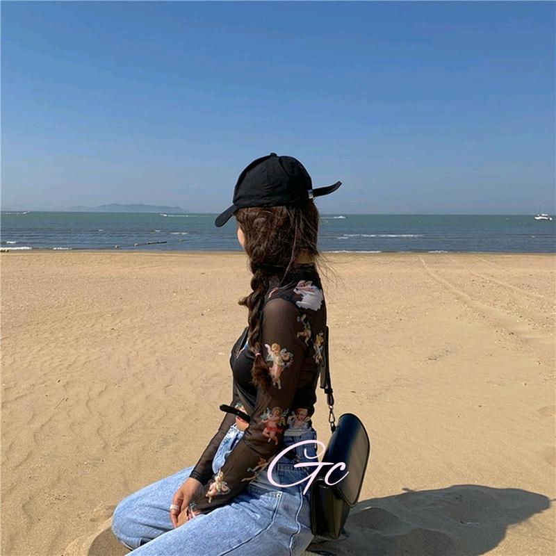 Blue n Black Angel Transparent Crop Top Turtle Neck Long Sleeve Atasan Cupid Transparan Biru dan Hitam Lengan Panjang 2