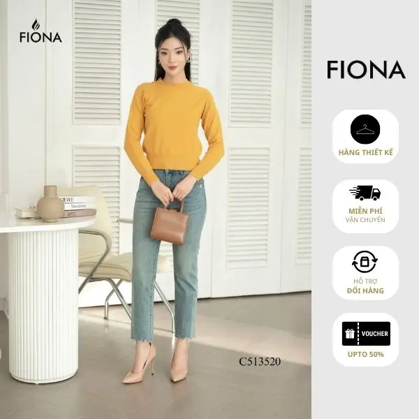 FIONA Áo len nữ chất Viscose dáng bo gấu cổ leo tay dệt họa tiết vi tính C513520 Tim Vàng Top Tím