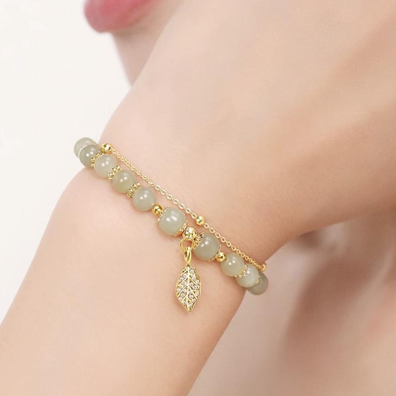 Women Bracelet Faux Jade Smooth Bead Leaf Pendant Double-layered Adjustable Length Rhinestone Lady Bangle Prom Daily Wrist Jewelry 7