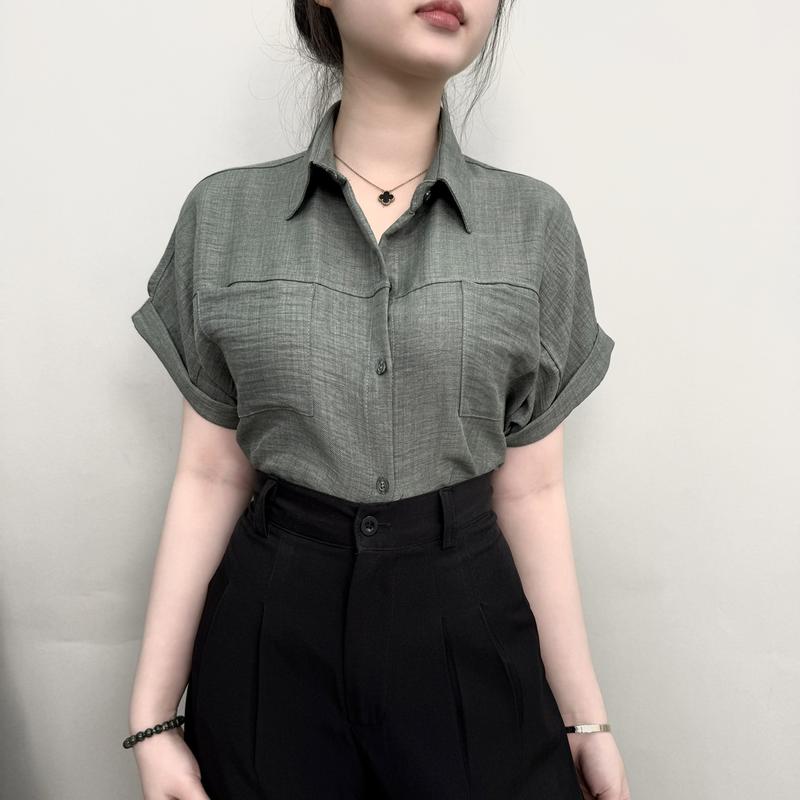 Áo Sơ Mi Nữ Tay Hến Phom rộng Chất Đũi Jean 2 Túi, AMI69 2