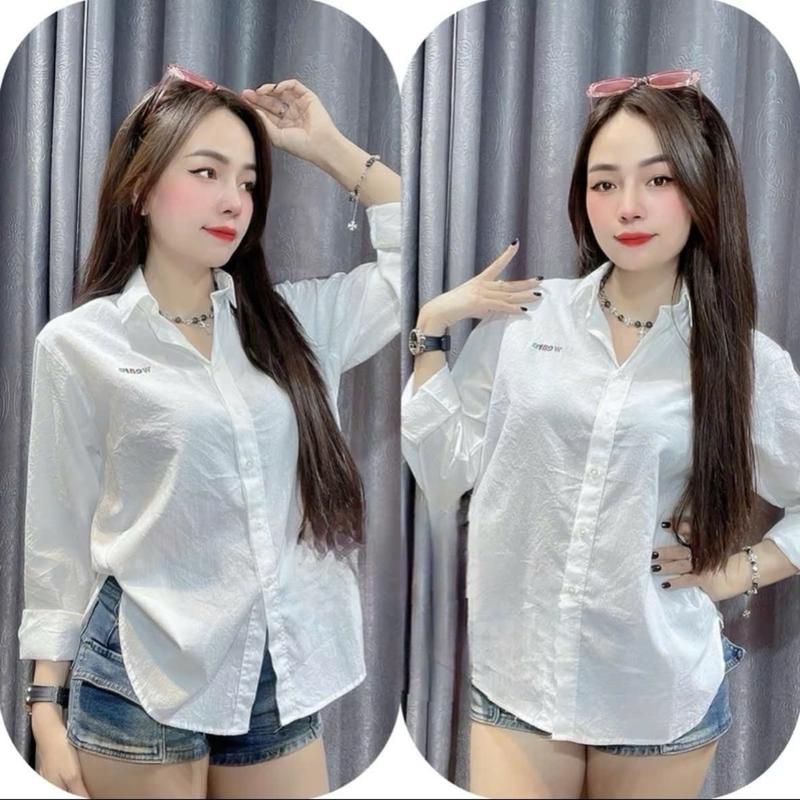 Áo Sơ Mi Nữ Kẻ Sọc + Màu Thêu Chữ Xinh Form Rộng -Áo Sơ Mi Nữ Công Sở Xinh Hàn Quốc Top Women Cotton Shirt áo  peplum somi hot