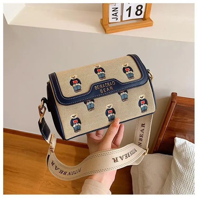 Túi Xách Nữ deo chéo Da Vải Thêu Gấu Đựng Vừa Điện Thoại Đeo Vai Bag Nhung Kem Đeo Chéo Jean 2