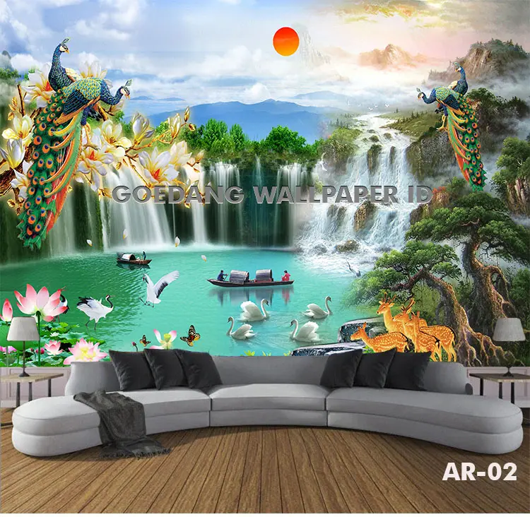 JASA CETAK Wallpaper Stiker Dinding Vinyl Custom 3D Motif Pemandangan AIR Terjun Indah Waterfall, Wallpaper Dinding 3D Custom Kamar,Ruang Tamu Motif Air Terjun 1