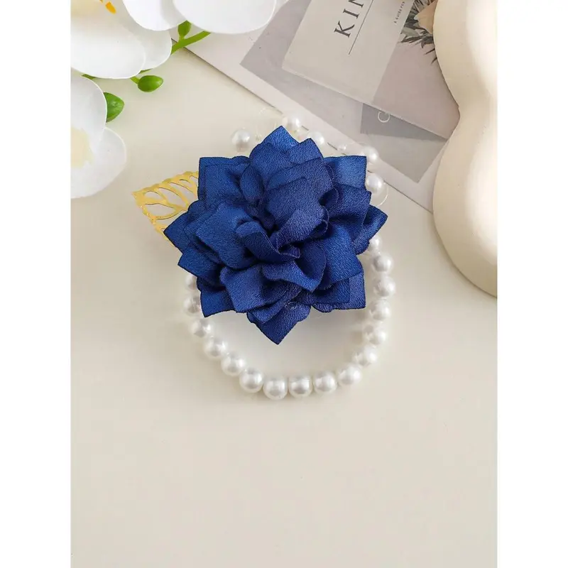 1pc Chest Flower + 1pc Wrist Flower Unisex Set, Navy Blue Camellia With Gold Leaves & Beads Decor, Groom Groomsmen Boutonniere, Bridesmaid Corsage, For Wedding 4