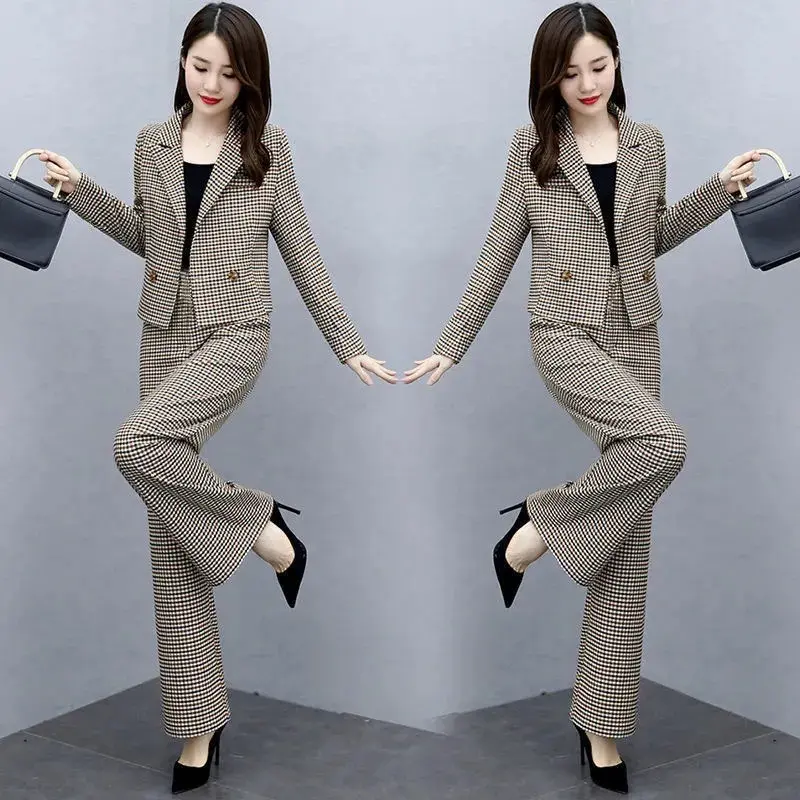 Spring and Autumn Collection New  Edition Pants Fashionable and  Style Checkered Wide Leg Pants Two Piece Set for Women