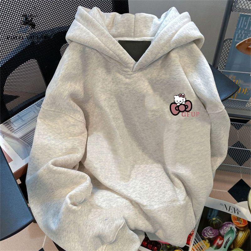 Áo Len Hello Kitty, Phong Cách Đại Học Ngọt Ngào Và Ngầu, Có Mũ Trùm Đầu, Dành Cho Nữ, Mùa Thu Và Mùa Đông, Lót Lông Cừu, Dopamine Dáng Rộng Vừa Vặn, Áo Mèo Kitty, Năm 2024 2