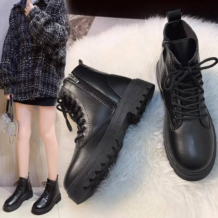 Fashionable Round Head Short Tube Lace Up Medium Heel Flat Bottom Martin Boots
