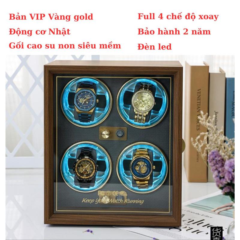 { BẢO HÀNH 2 NĂM } Hộp xoay lên cót đồng hồ cơ tự động  - Hộp đựng đồng hồ cơ vỏ gỗ với 5 chế độ và đèn LED Màu nâu
