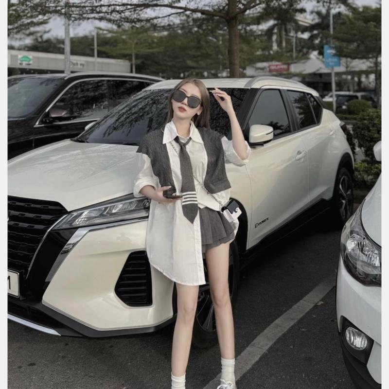 Áo somi cà vạt sọc trắng HangTong Qc nữ tay dài Women