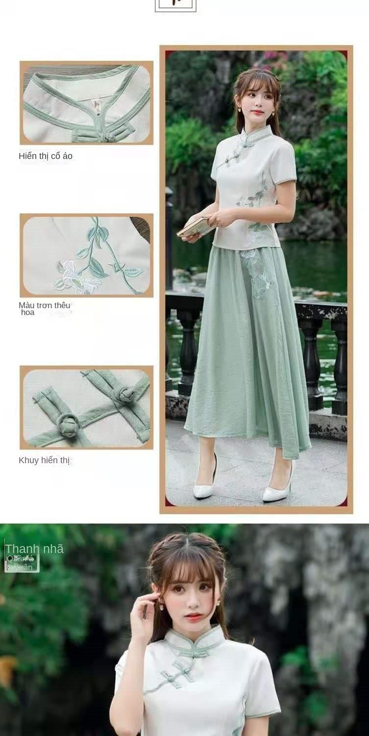 Product Introduction of Bộ Đồ Hai Mảnh Phong Cách Trung Quốc Chất Liệu Vải Lanh Bông Cổ Điển Thiết Kế Có Khóa Kéo, Thêu, ngắn Tay, Thích Hợp Cho Nghệ Thuật Trà, Bộ Đồ Sườn Xám Cải Tiến, Váy, Dành Cho Nữ 2
