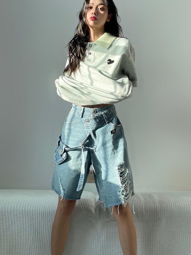 Product Introduction of Quần Soóc Denim Rách, Thiết Kế Bất Đối Xứng Phong Cách Đường Phố Cao Cấp Mỹ, Quần Nữ Mùa Hè, Thiết Kế Đẹp, Quần Dài Đến Đầu Gối Độc Đáo, Thời Trang, Niche 4