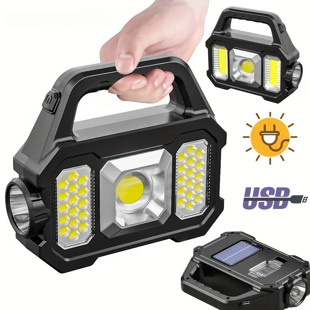 Portable Solar Powered Flashlight, 1 Set USB Rechargeable Flashlight with Side Light, Outdoor Camping Emergency Light, Camping Lighting