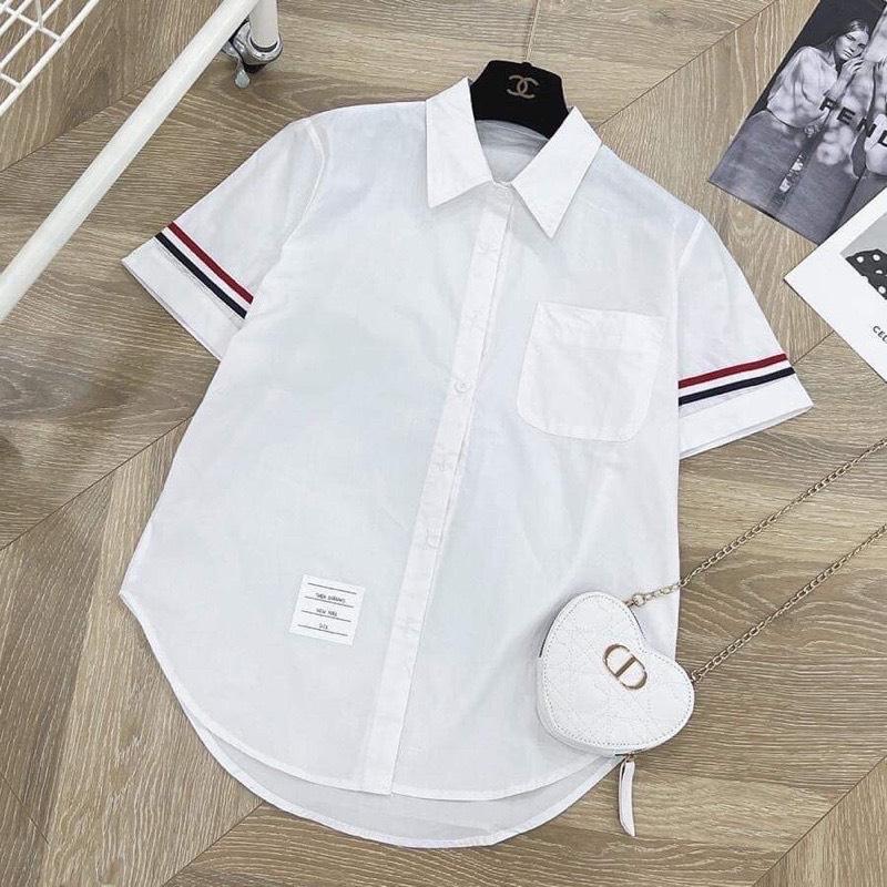 Áo sơ mi trắng cộc tay viền sọc Top Women 2025 - Ong, Voi, chất liệu kate phi bóng, hàng có mùi hơi lạ